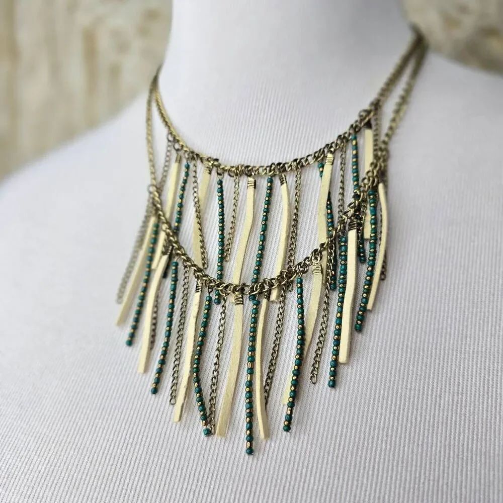 Double layer Fringe Bib Beaded Necklace Teal Bronze